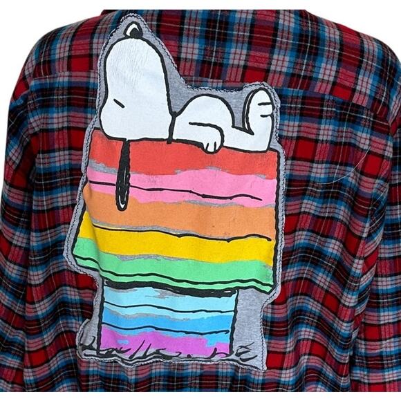 Snoopy Rainbow Pride Doghouse Plaid Flannel Shirt XXL Oversized Shacket Unique - Picture 2 of 6